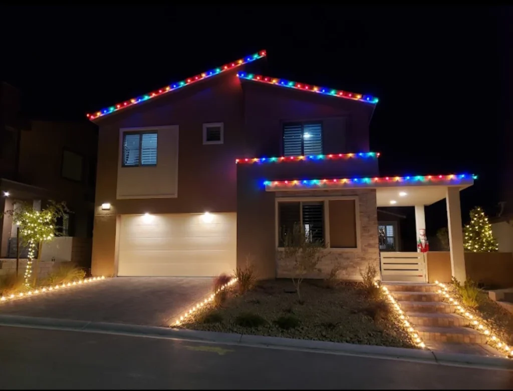 Multi color Christmas lights installed on a home in Skye Canyon Las Vegas