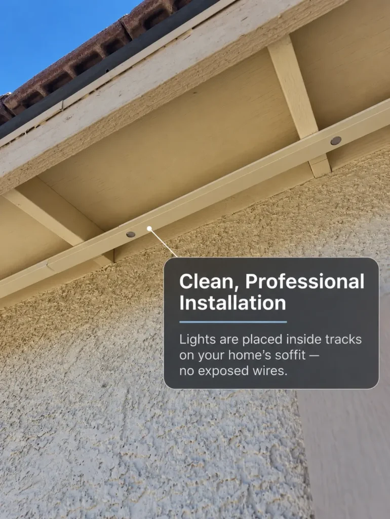 Permanent outdoor lights installed in color-matched soffit tracks that conceal the connecting wires.