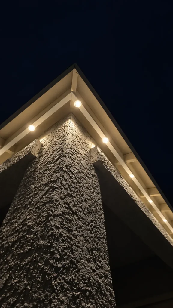 Govee permanent outdoor lights installed in color-matched tracks under a Las Vegas home soffit